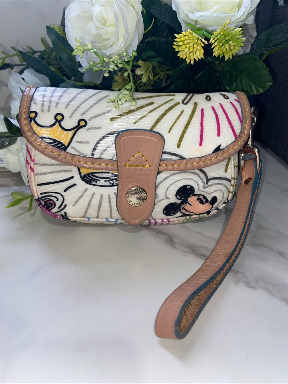 Dooney & Bourke White Multi Mickey Print Wristlet with Leather Trim